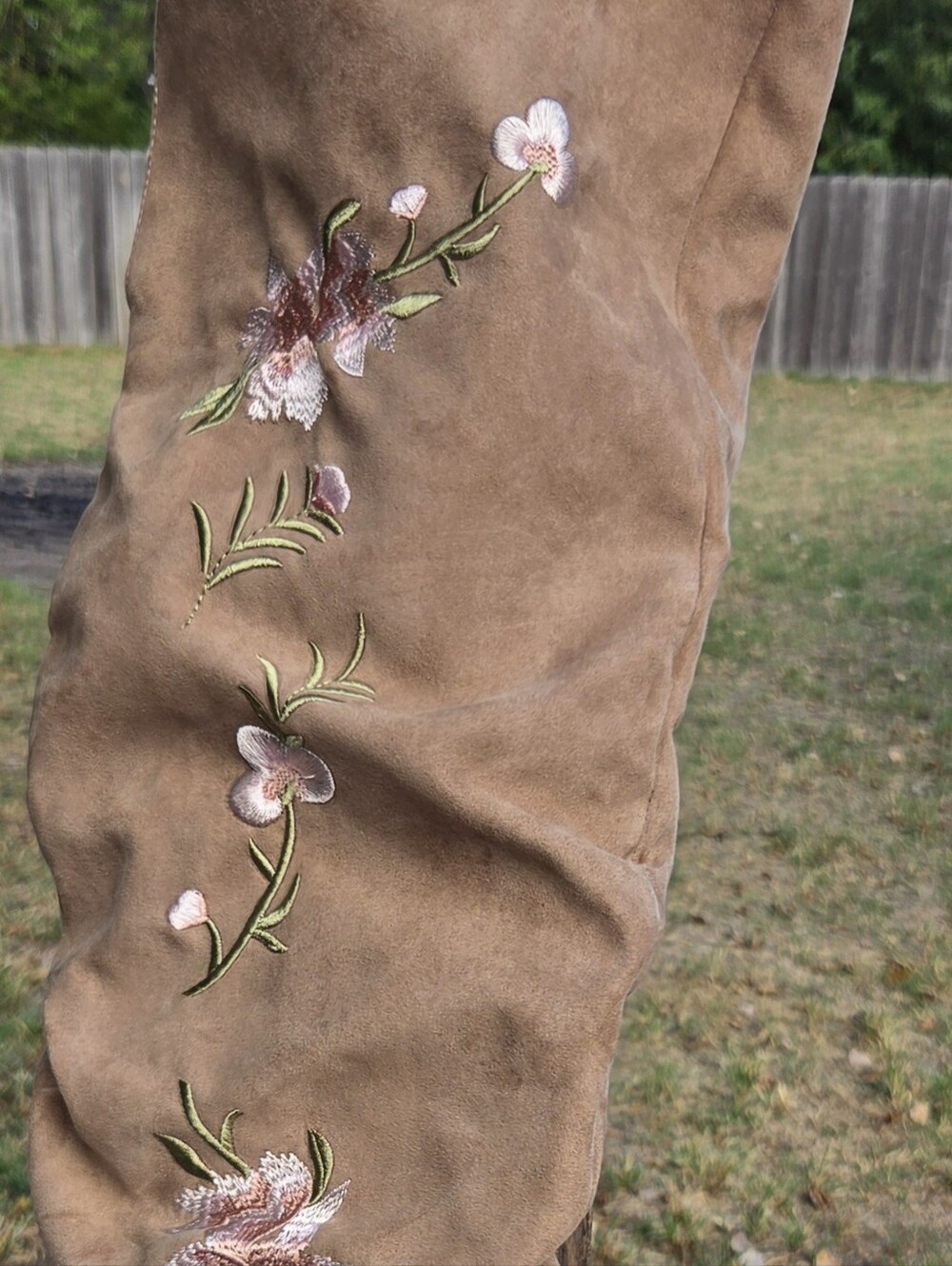 Taupe Suede Embroidered Over-the-Knee Boots